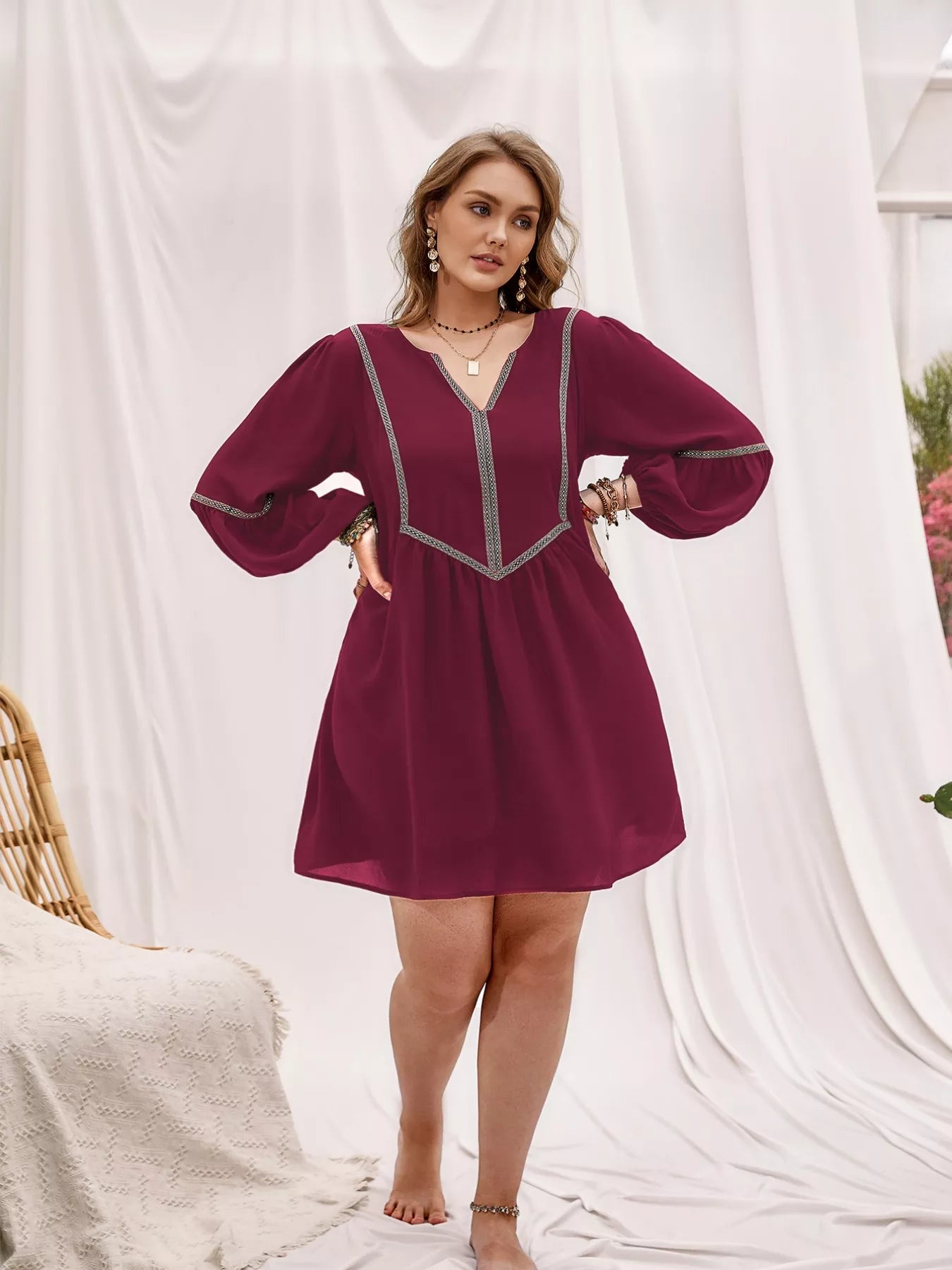Plus Size Notched Balloon Sleeve Mini Dress OutfitFlow