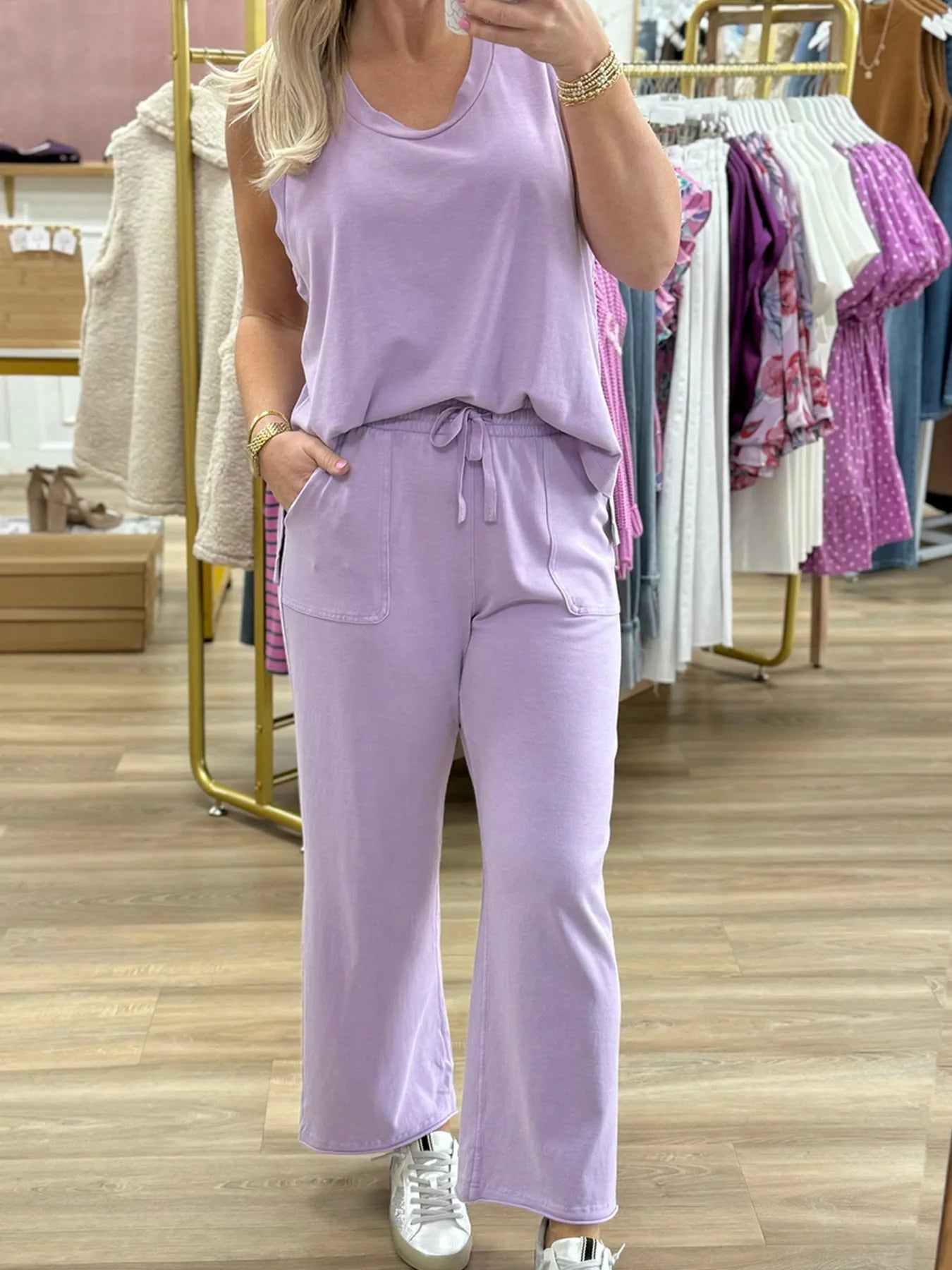 Mineral Wash Casual Round Neck Tank and Loose Drawstring Pants Set OutfitFlow
