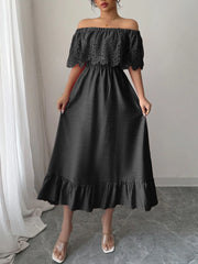 Off-Shoulder Lace Ruffle Midi Dress OutfitFlow