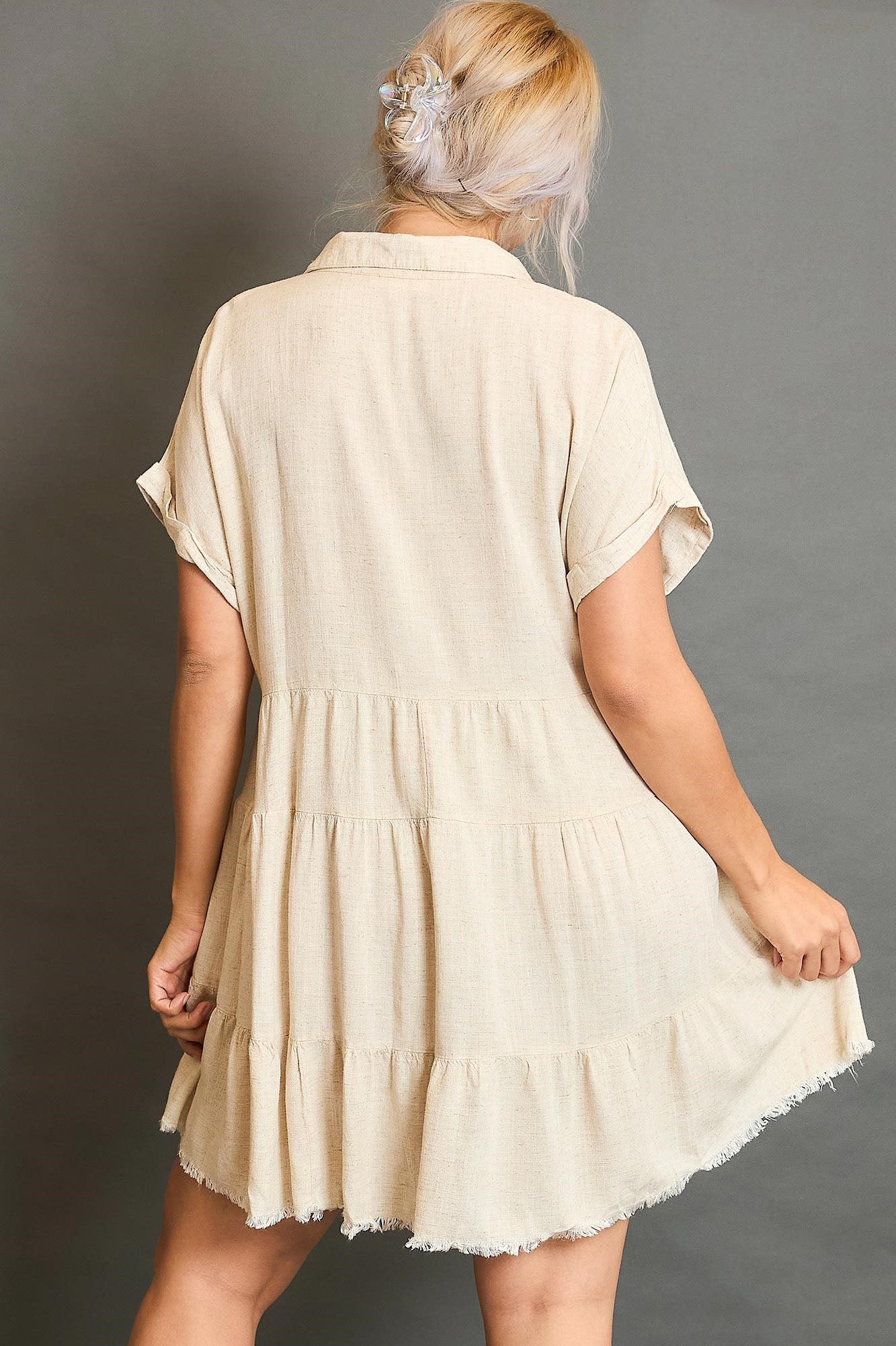 Umgee Full Size Raw Hem Folded Sleeve Tiered Dress Plus Size OutfitFlow