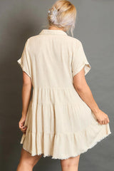 Umgee Full Size Raw Hem Folded Sleeve Tiered Dress Plus Size OutfitFlow
