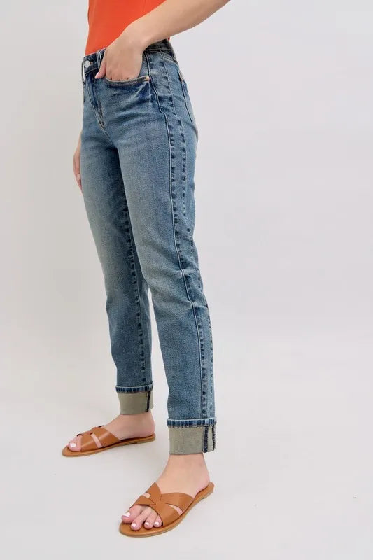 Judy Blue Full Size Mid Rise Vintage Wash Double Roll Cuff Boyfriend Jeans Plus Size OutfitFlow