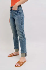 Judy Blue Full Size Mid Rise Vintage Wash Double Roll Cuff Boyfriend Jeans Plus Size OutfitFlow
