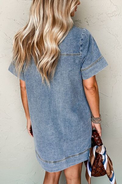 Short Sleeve Collared Patched Pocket Denim Mini Dress OutfitFlow