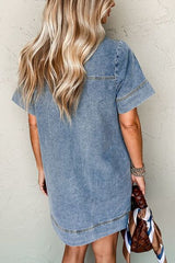 Short Sleeve Collared Patched Pocket Denim Mini Dress OutfitFlow