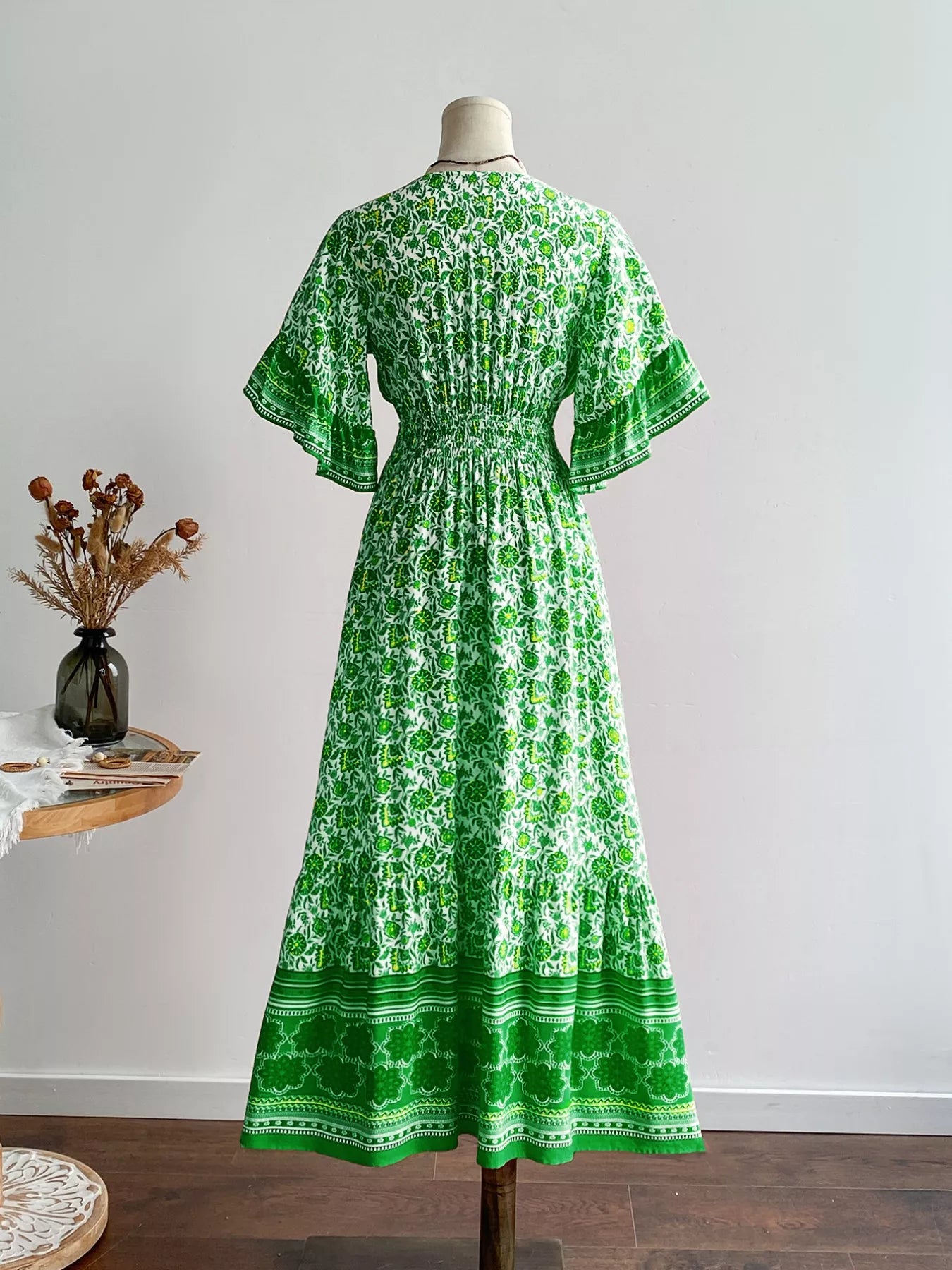 Floral Deep V-Neck Flutter Sleeves Dress OutfitFlow