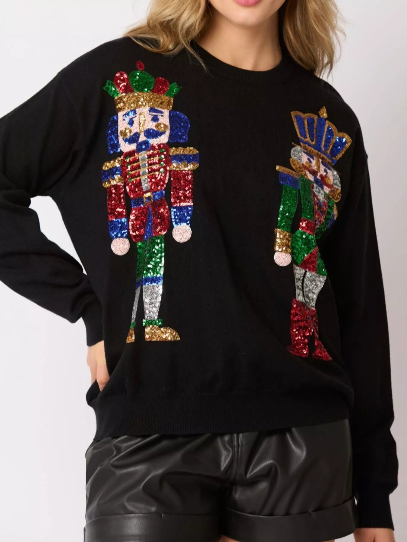 Sequined Nutcracker Long Sleeve Sweatshirt Black OutfitFlow