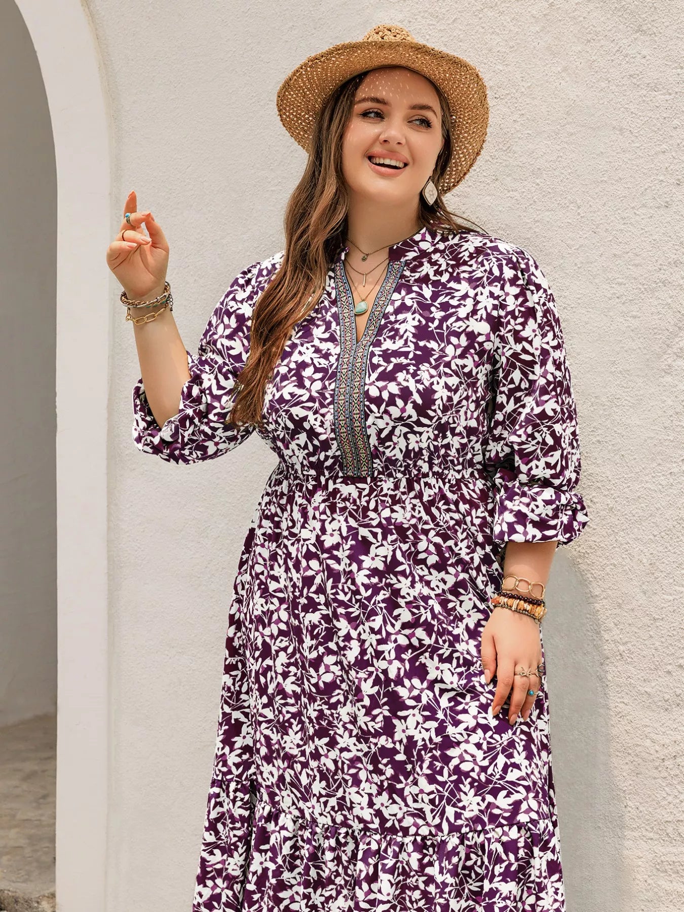 Plus Size Floral Print Maxi Dress with Long Sleeves OutfitFlow