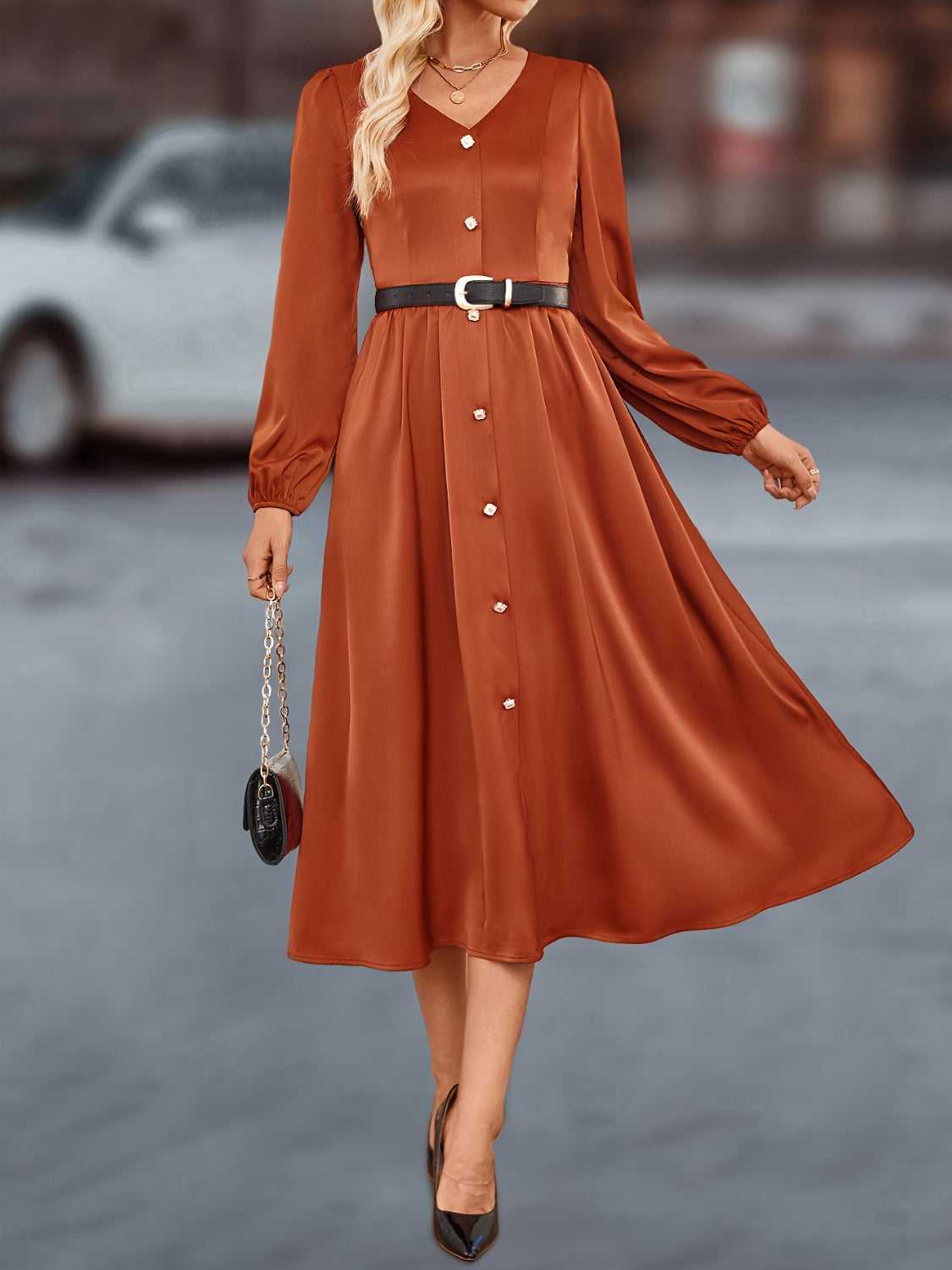 V-Neck Balloon Sleeve Midi Dress OutfitFlow