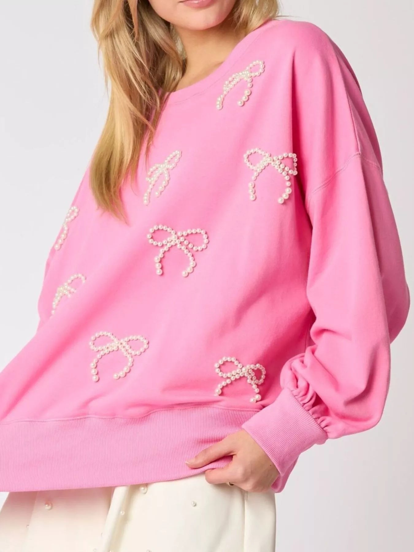 Pearl Embellished Bow Long Sleeve Sweatshirt OutfitFlow
