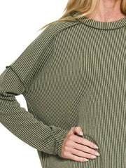 Zenana Full Size Exposed Seam Long Sleeve Corded Rib Knit Top Plus Size OutfitFlow