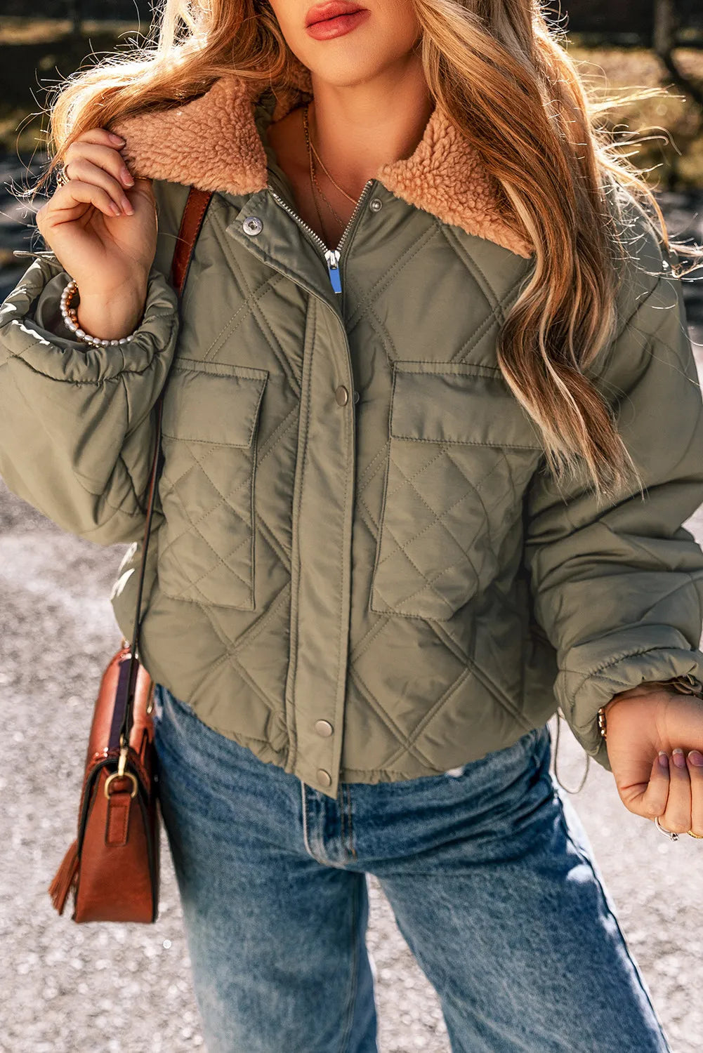 Drawstring Collared Neck Long Sleeve Winter Coat Sage Trendsi