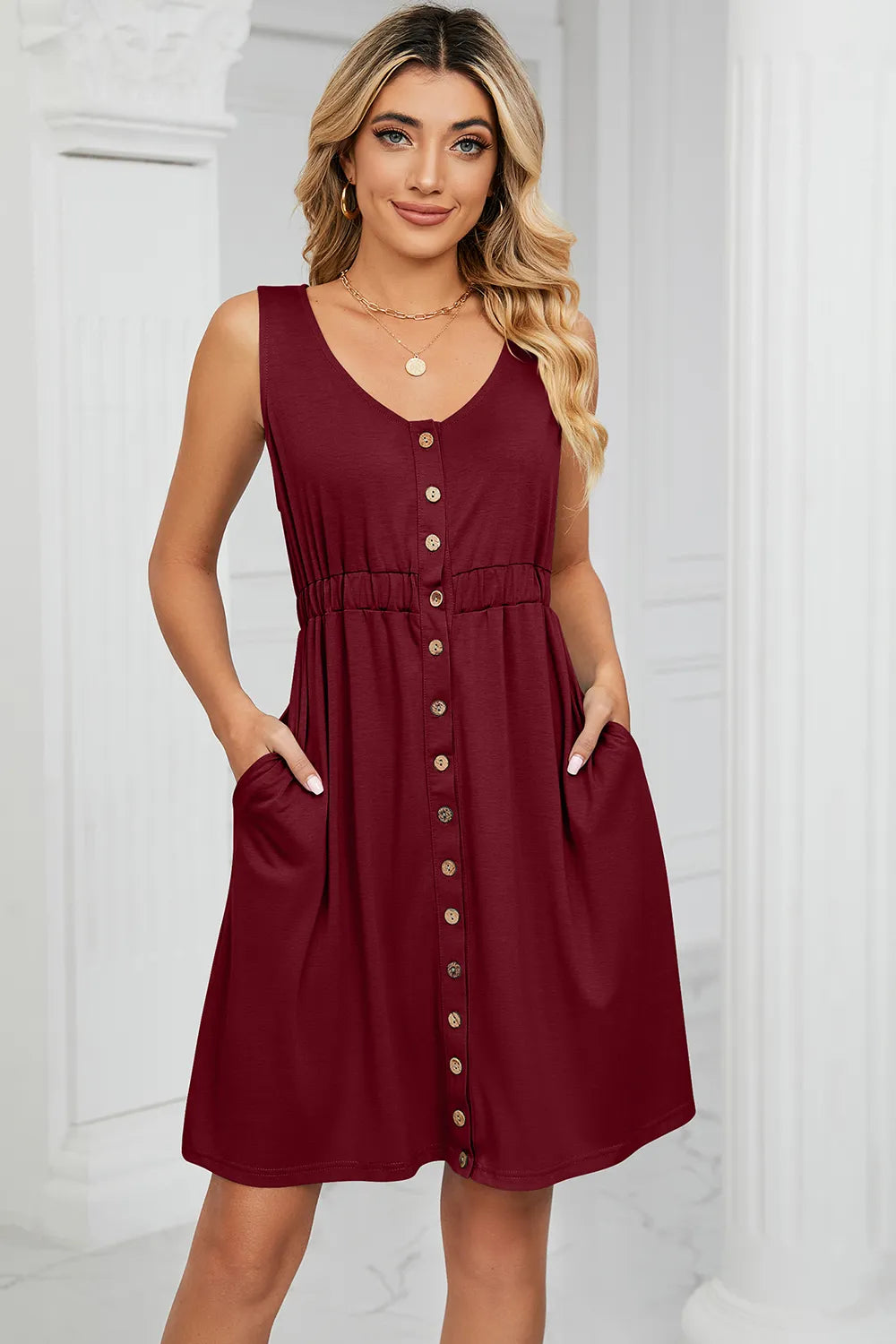 Buttoned Wide Strap Mini Dress OutfitFlow