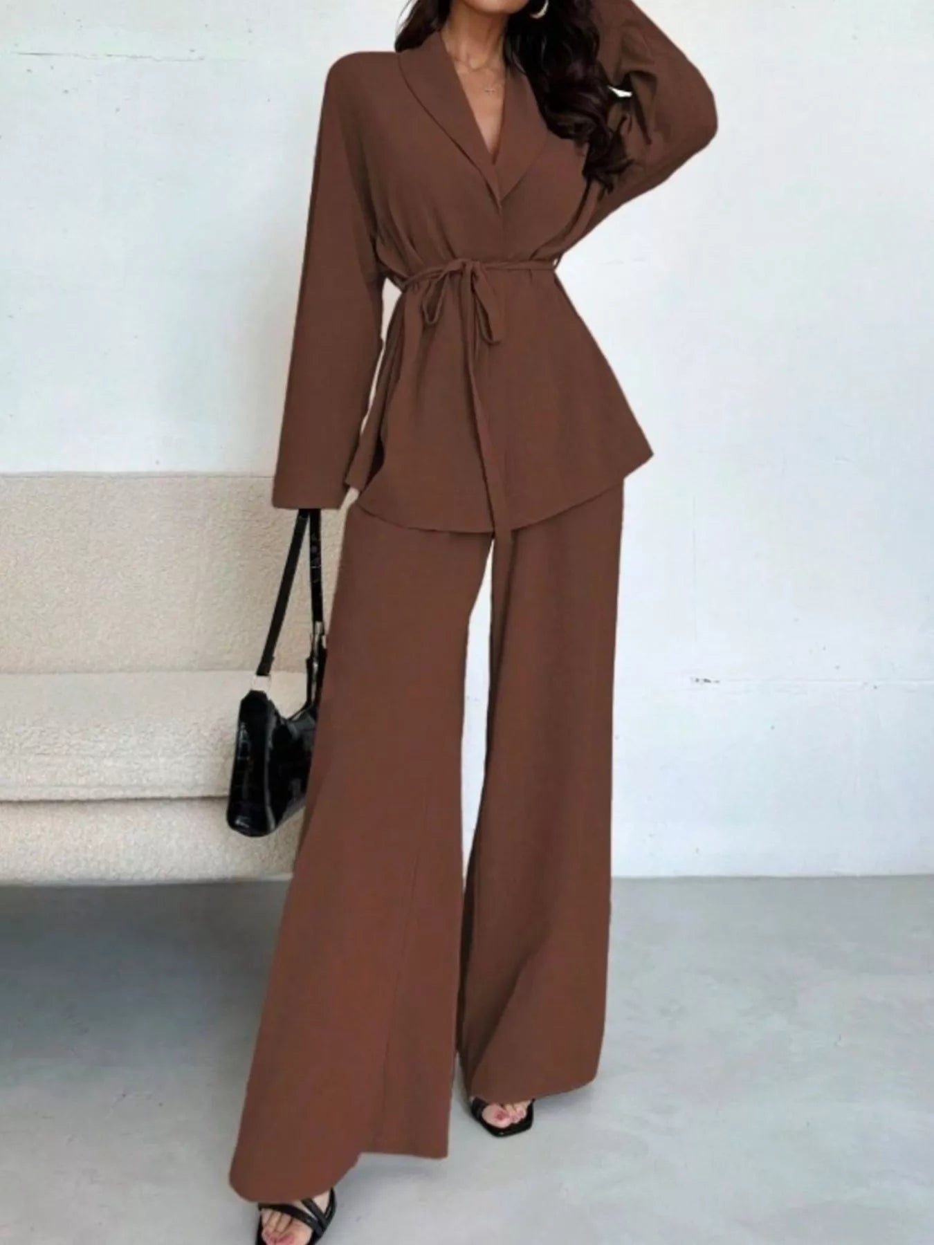 Front Tied Shirt and Wide-Leg Pants Set Dark Brown OutfitFlow