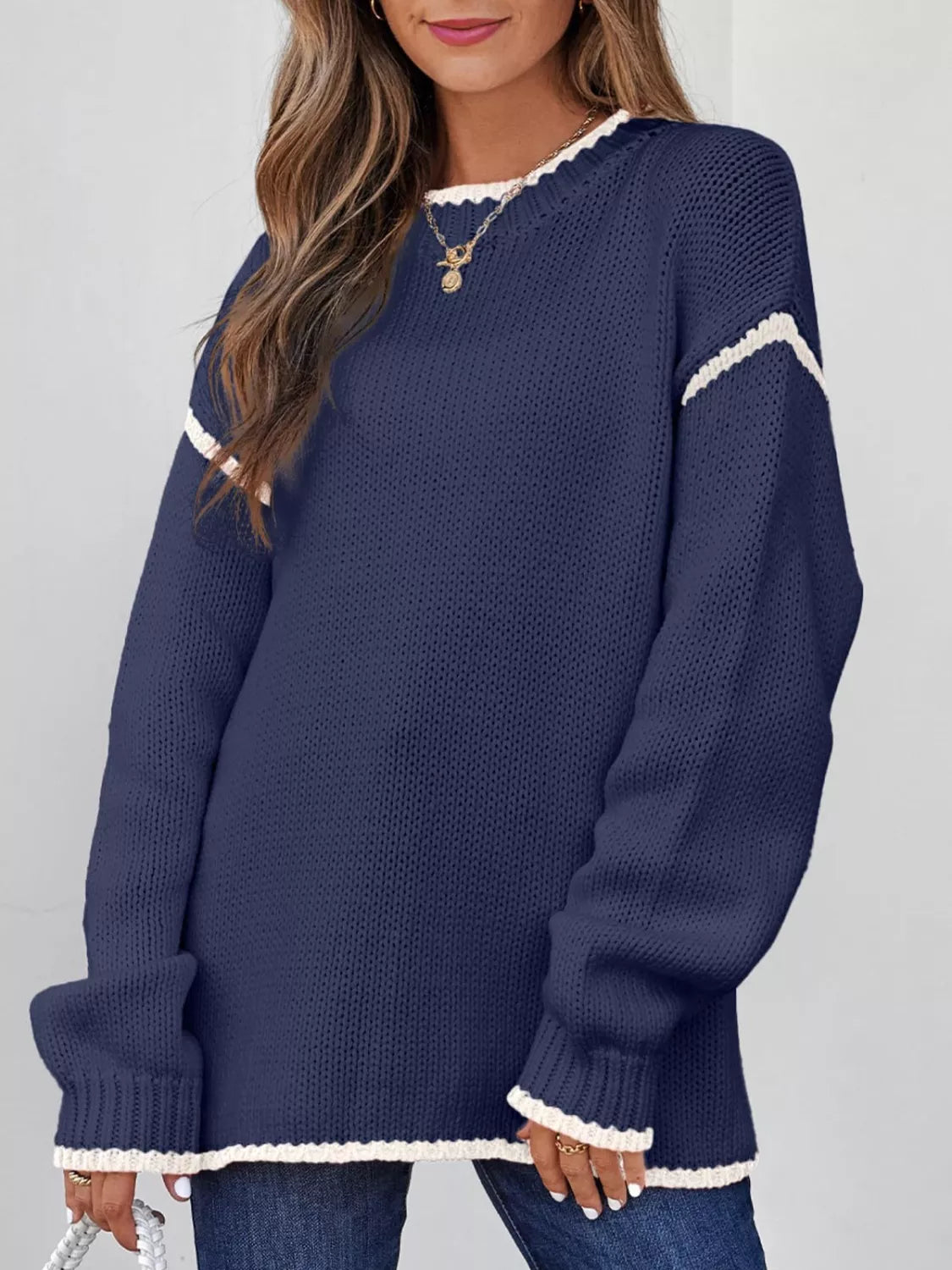 Contrast Trim Round Neck Sweater OutfitFlow