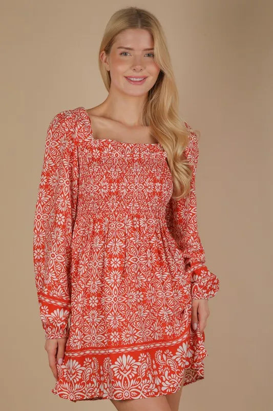 VERY J Printed Smocked Chest Boho Mini Dress Rust OutfitFlow