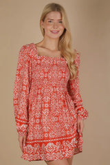 VERY J Printed Smocked Chest Boho Mini Dress Rust OutfitFlow