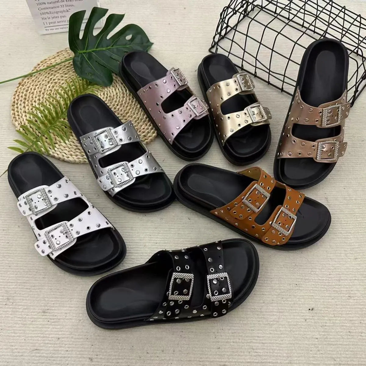 Double Buckle Open Toe Flat Sandals OutfitFlow