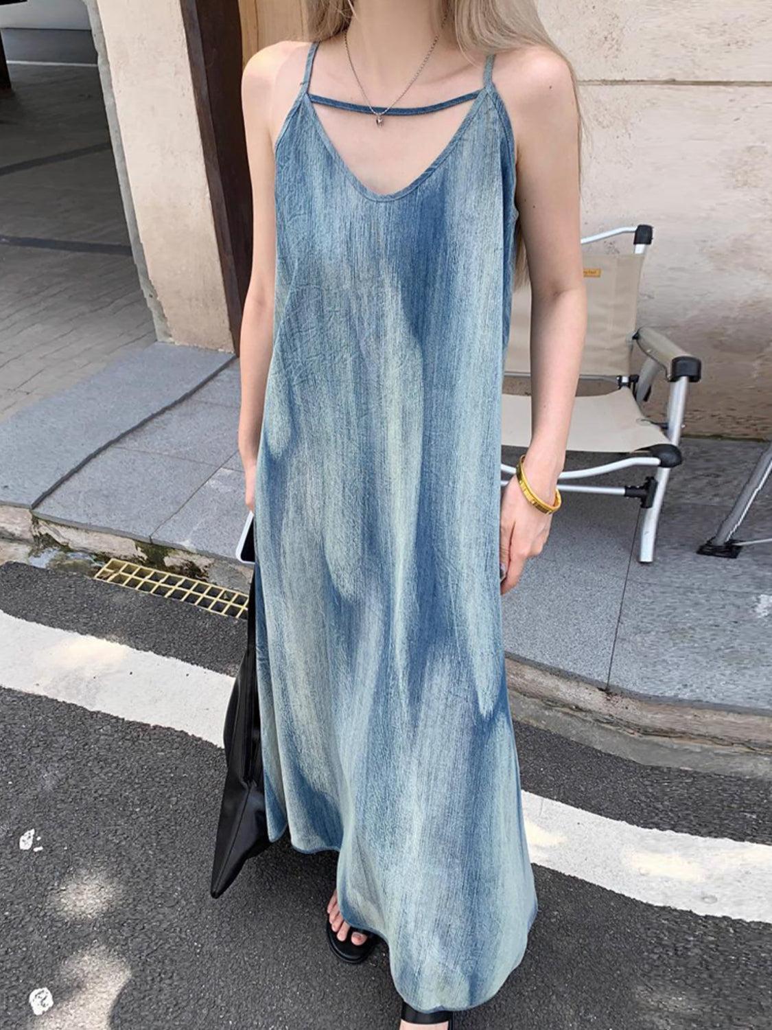 Gradient V-Neck Maxi Cami Dress French Blue OutfitFlow
