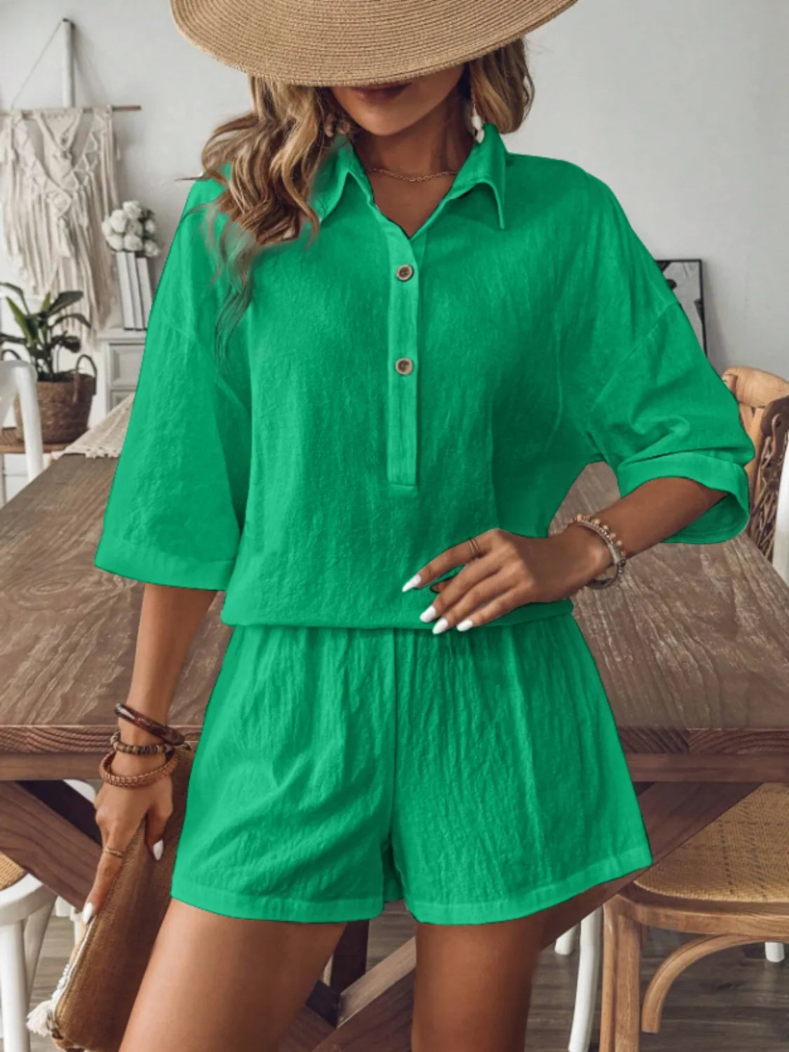 Collared Neck Half Sleeve Top and Shorts Set Green OutfitFlow