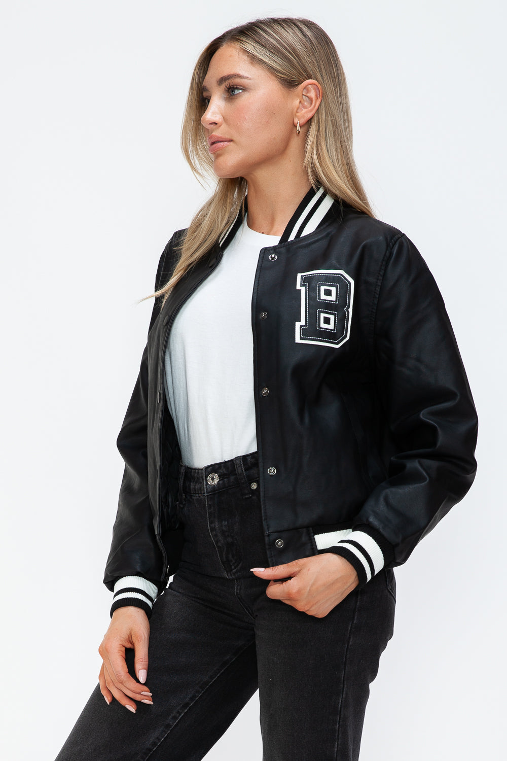 Outfit Flow - Love Me Now PU Leather Contrast Snap Down Bomber Jacket