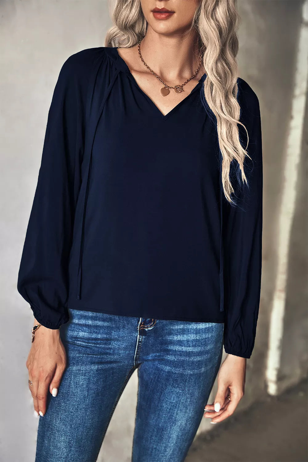 Tie Neck Long Sleeve Blouse Navy OutfitFlow