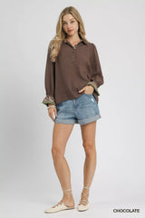 Umgee Half Button Blouse with Leopard Print Trim OutfitFlow