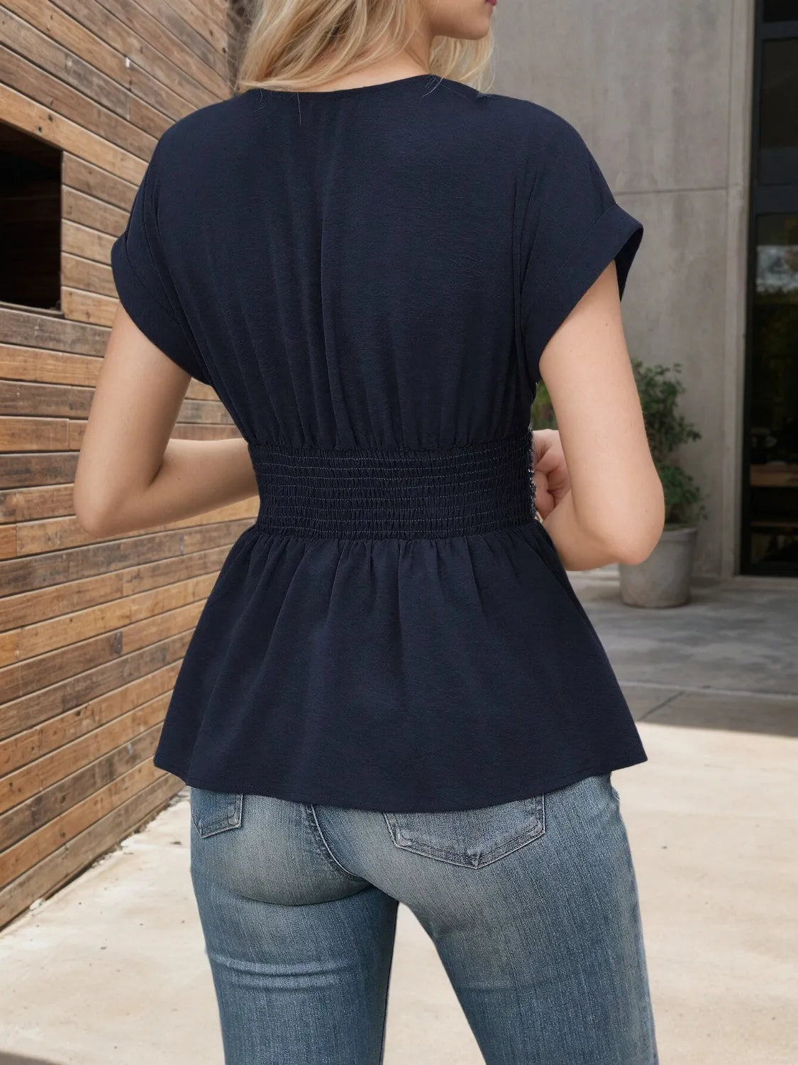 Surplice Short Sleeve Blouse OutfitFlow