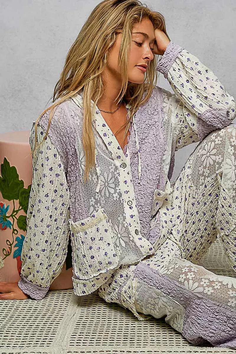 POL Floral Balloon Sleeve Hooded Lace Jacket with Stitch Detail OutfitFlow