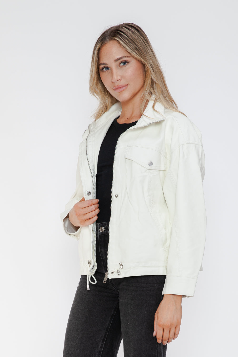 Outfit Flow - How Dare U Drawstring Hem PU Leather Zip Up Jacket