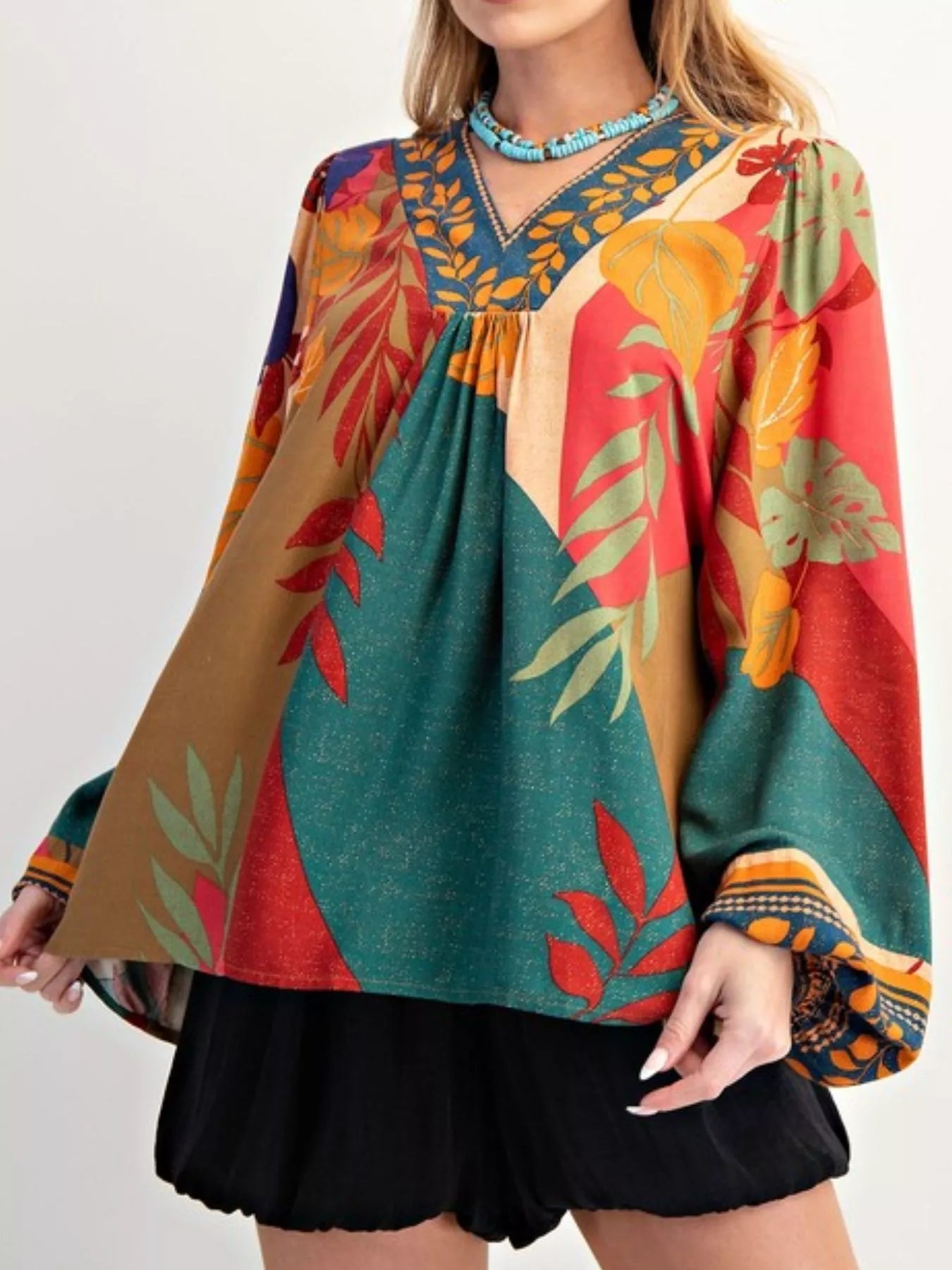 Tropical Print Balloon Sleeve Blouse Green OutfitFlow