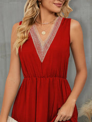 V-Neck Sleeveless Midi Dress with Lace Trim OutfitFlow