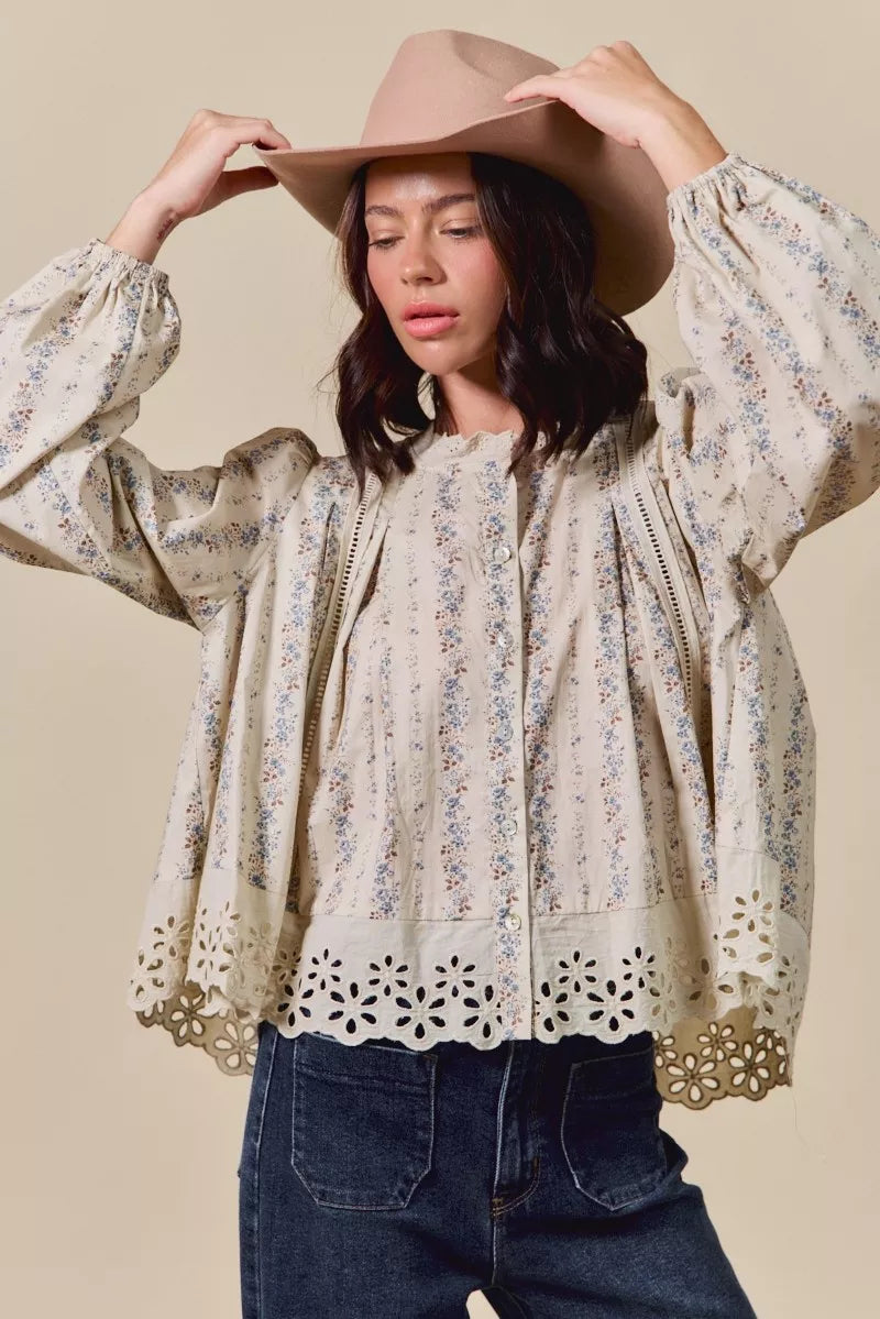 SO ME Floral Print Lace Button Down Shirt OutfitFlow