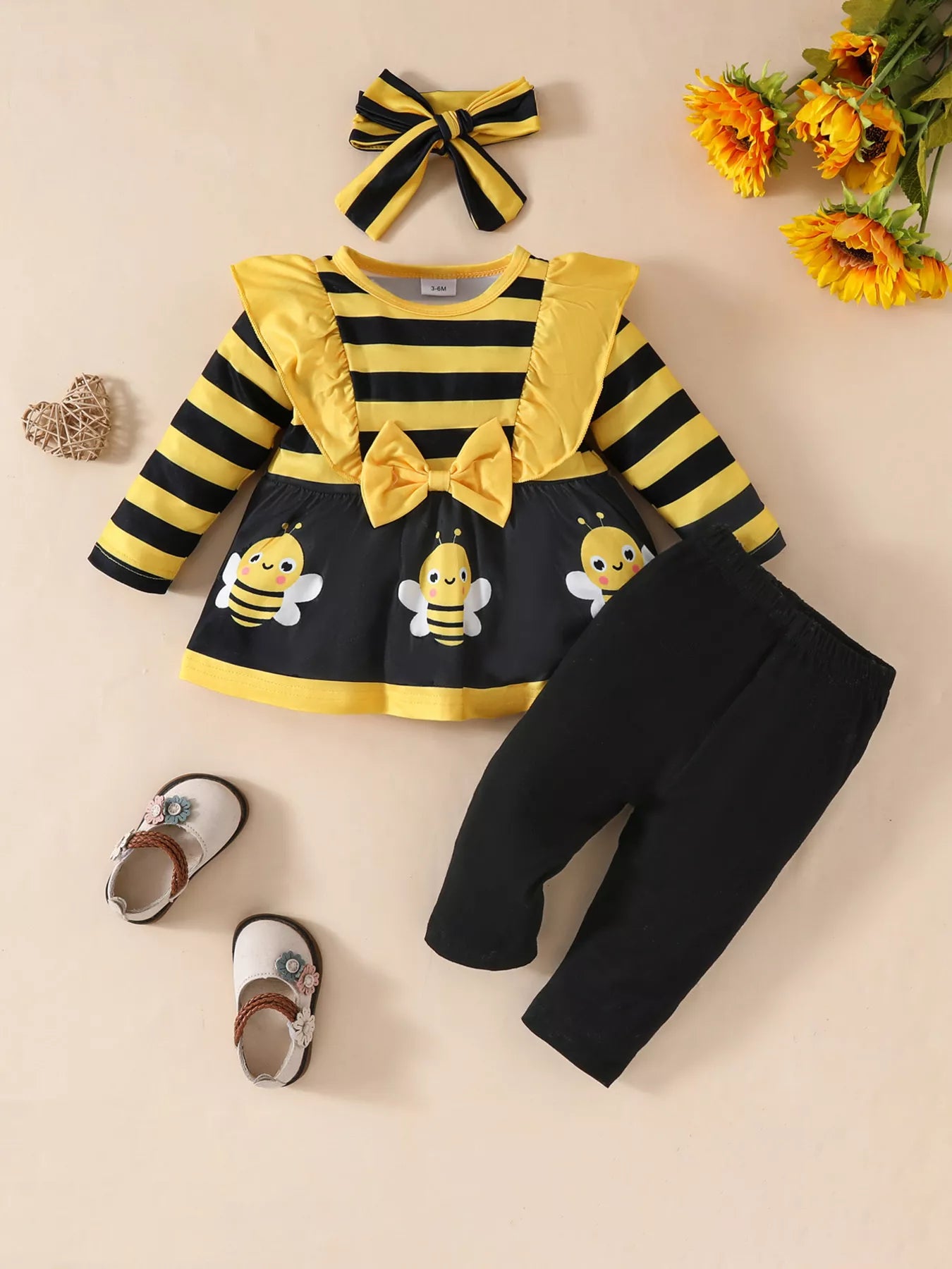 Children's Ruffled Top and Pants Set with Headband Yellow Trendsi