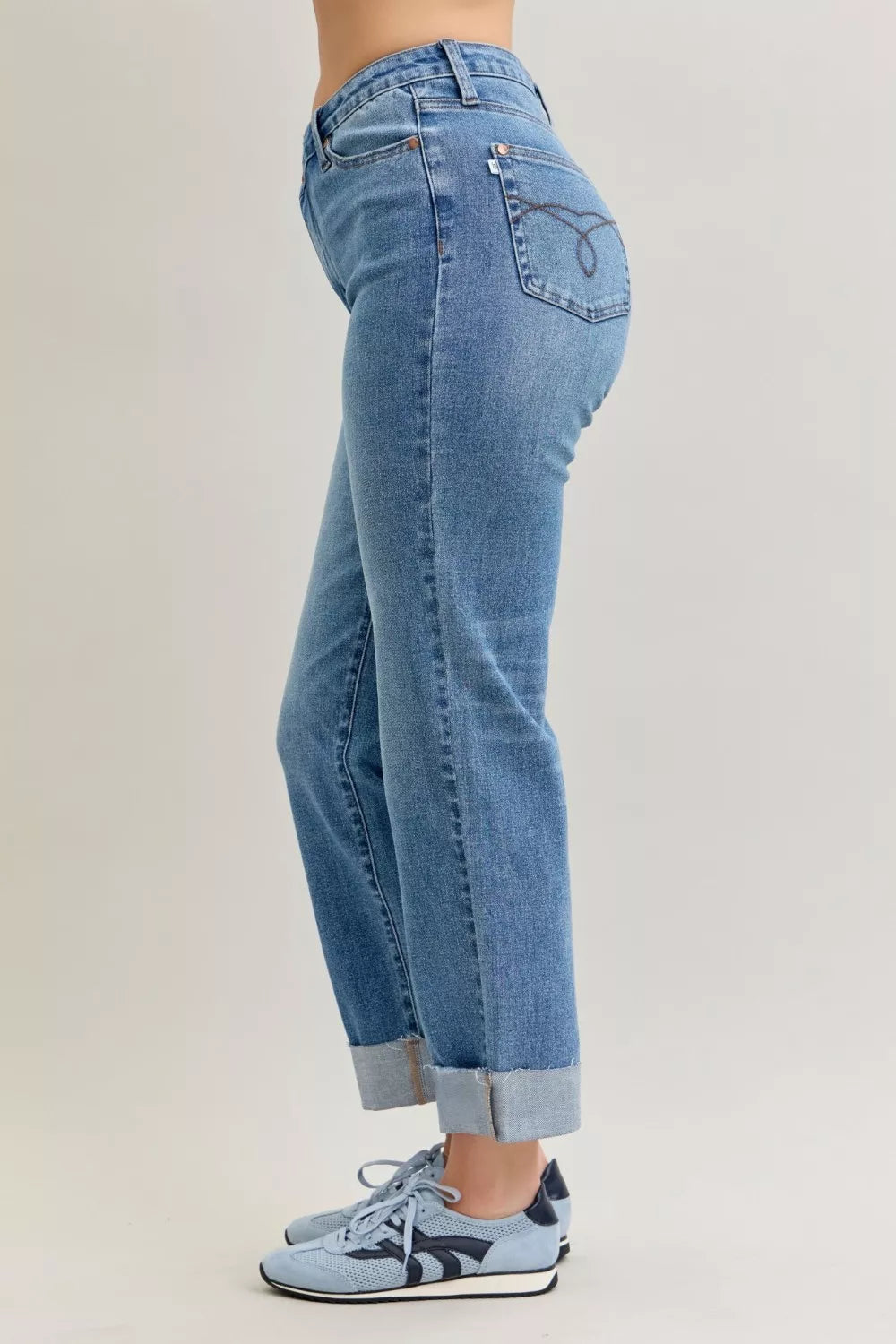 Judy Blue High Waist Bf Criss-cross Mild Destroy Jeans with Single Cuff OutfitFlow
