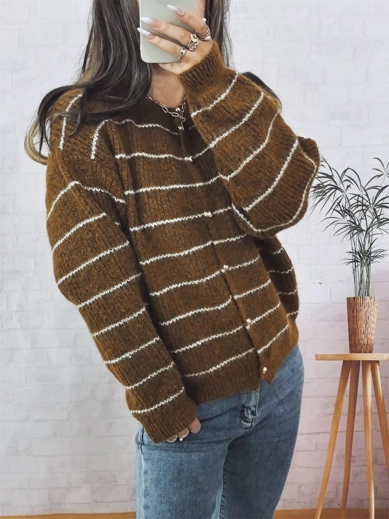 Striped Button Up Long Sleeve Cardigan OutfitFlow