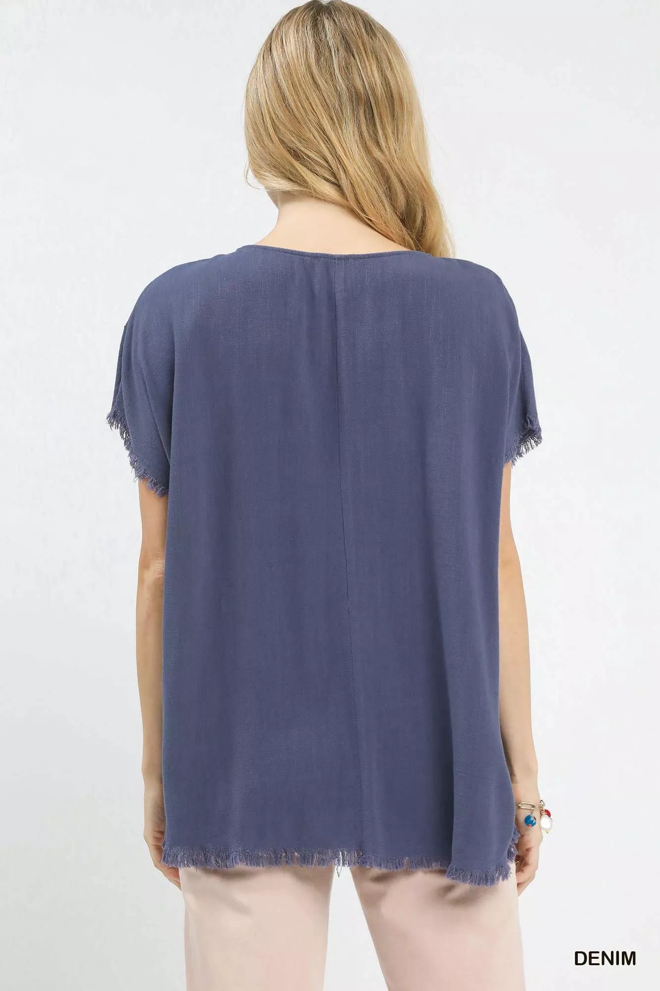 Umgee Linen Blend Embroidered Frayed Hem Top OutfitFlow