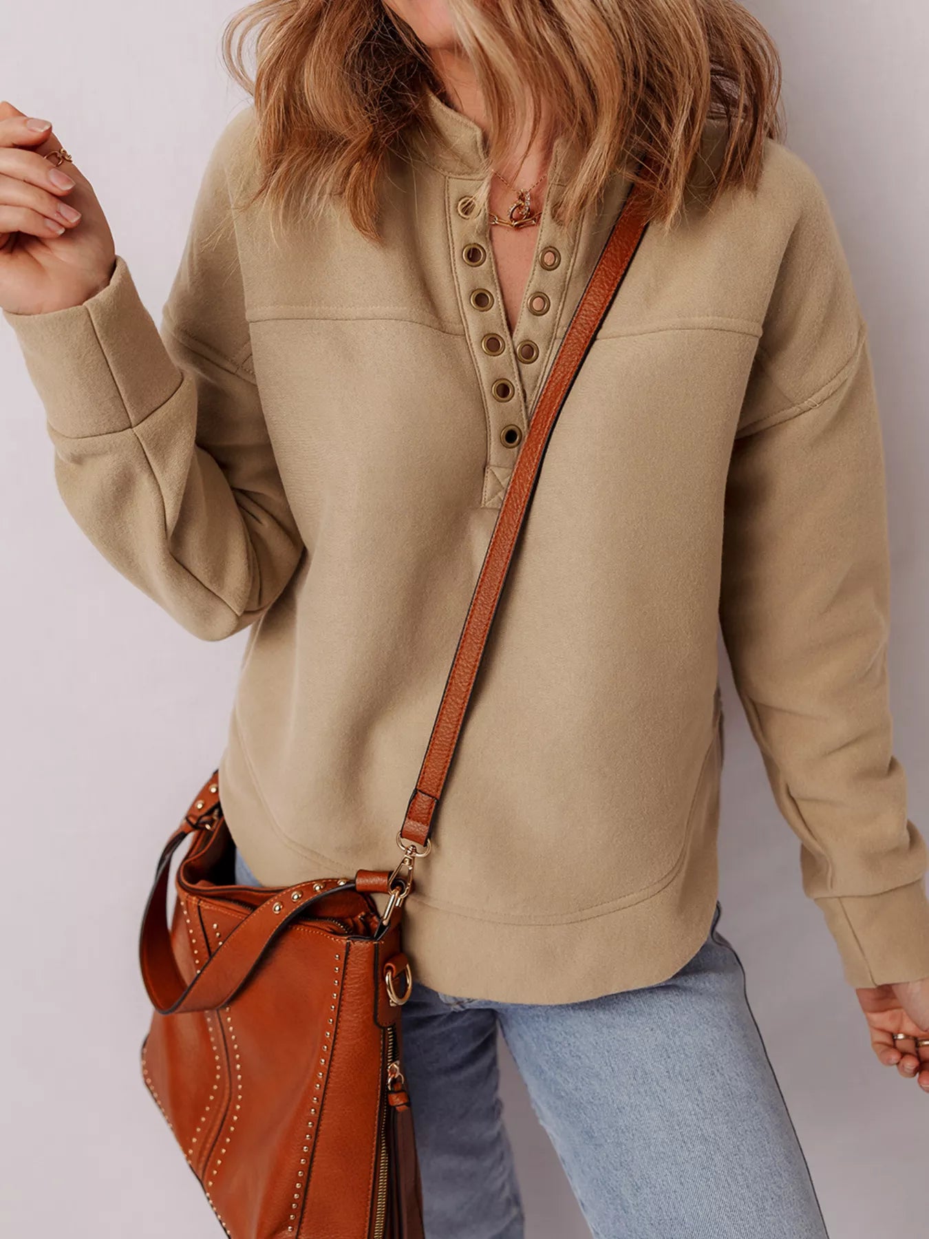 Grommet Detail V Neck Sweatshirt OutfitFlow