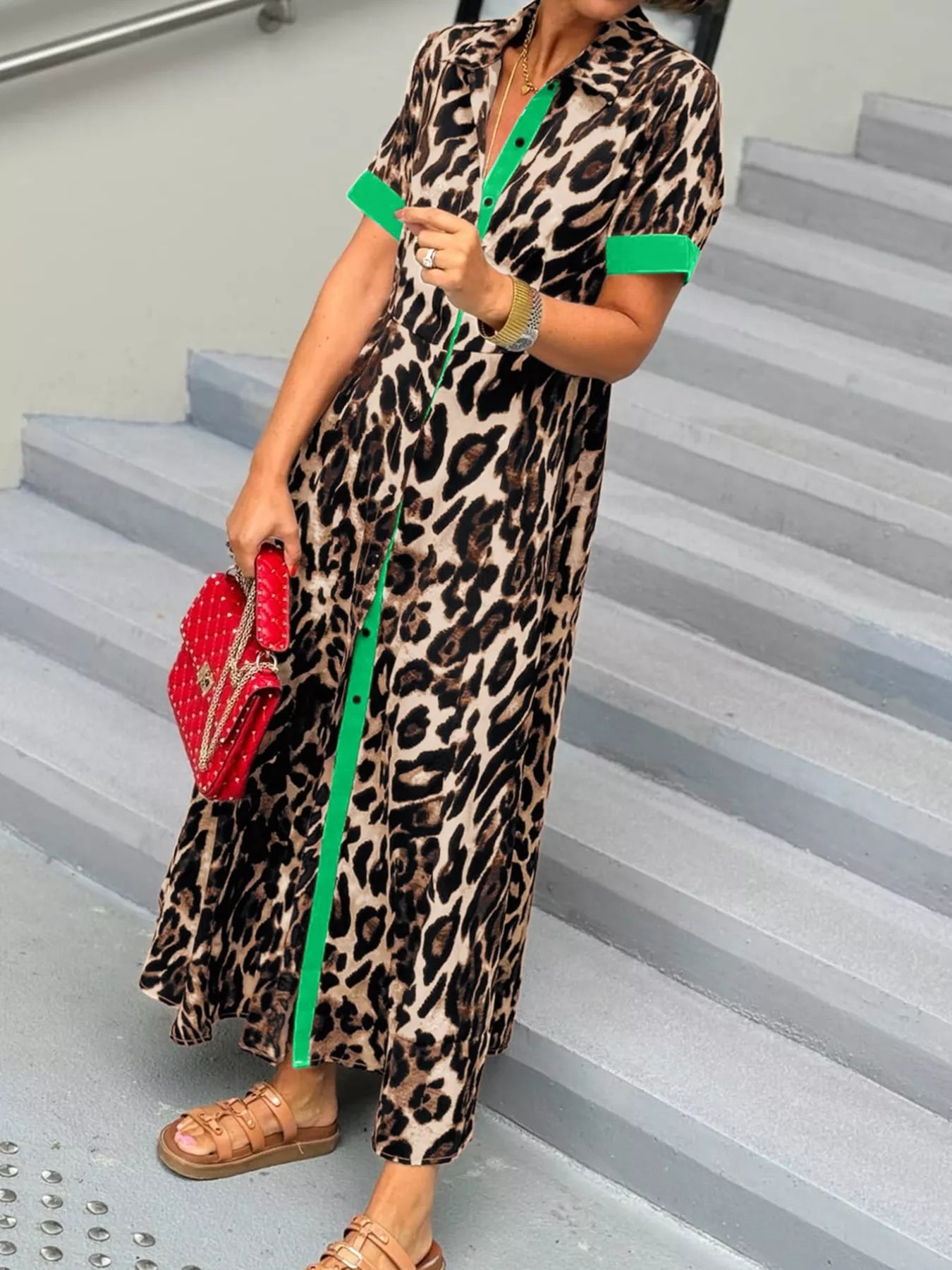 Leopard Print Button-Down Dress with Contrast Trim OutfitFlow