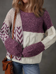 Color Block Patchwork Knotted Back Loose Fit Sweater Mauve OutfitFlow