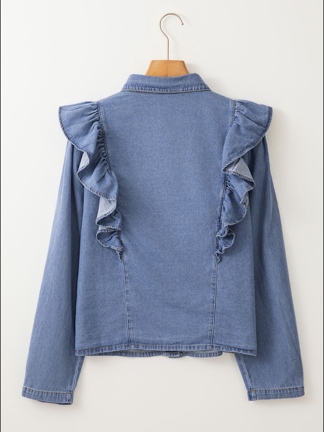 Ruffled Collared Neck Long Sleeve Denim Top OutfitFlow