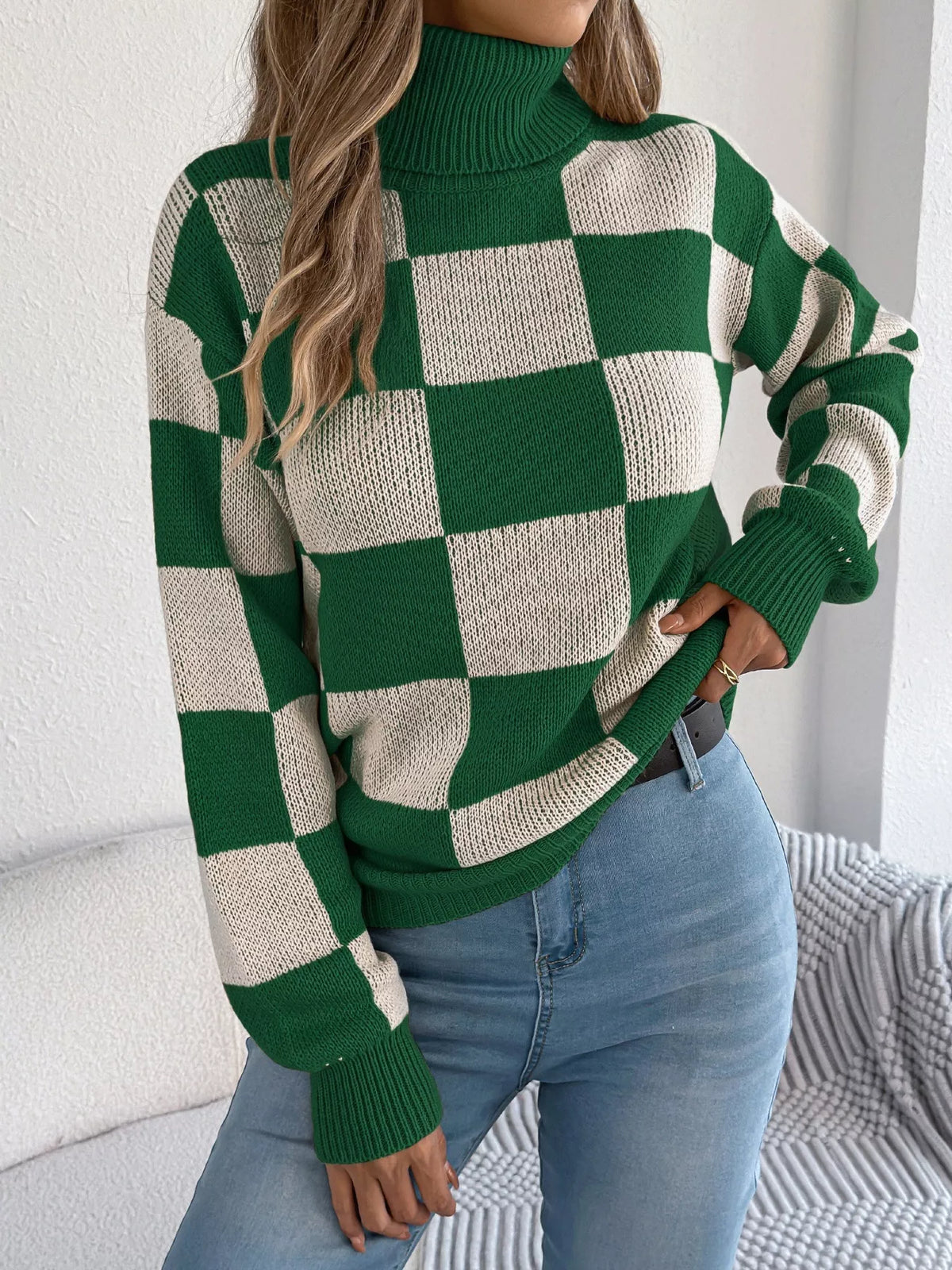 Checkered Turtleneck Long Sleeve Sweater Green OutfitFlow
