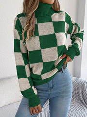 Checkered Turtleneck Long Sleeve Sweater Green OutfitFlow