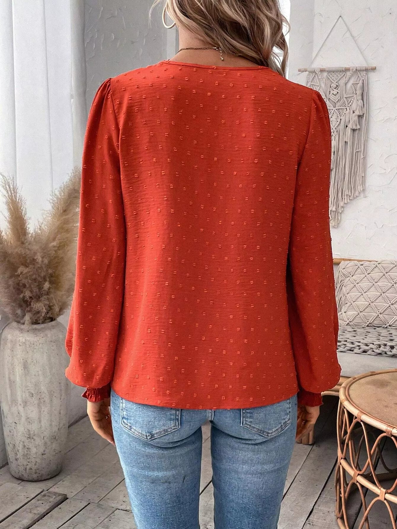 Swiss Dot Lace Detail Long Sleeve Blouse OutfitFlow