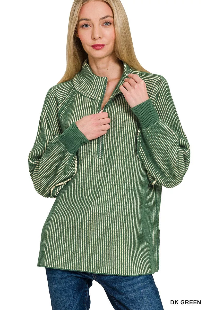 Zenana Ribbed Two Tone Half Zip Sweater OutfitFlow