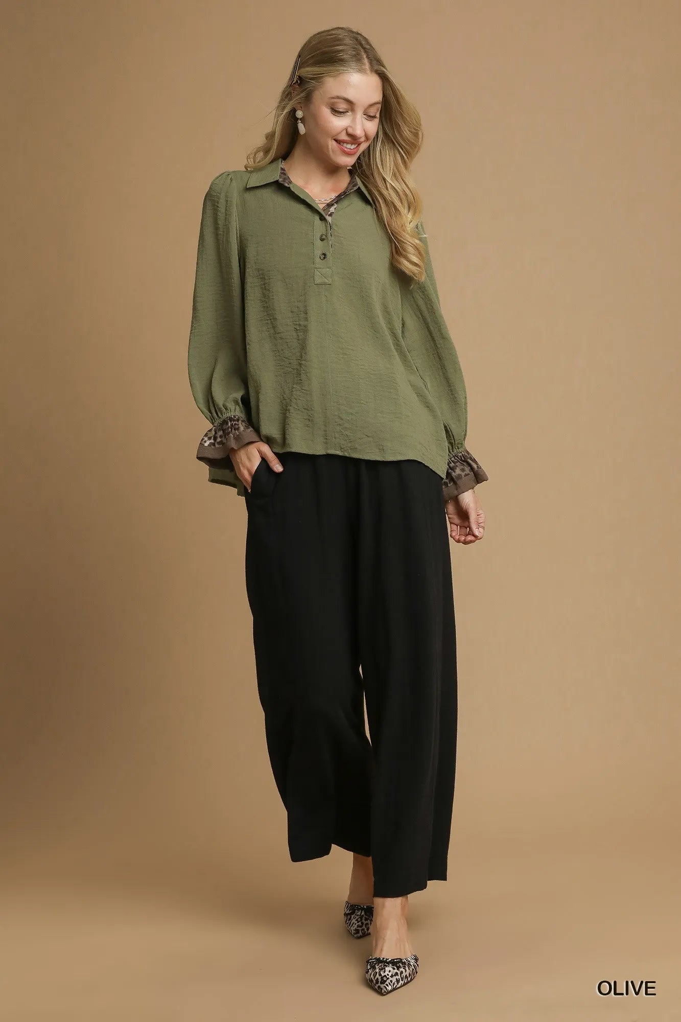 Umgee Half Button Blouse with Leopard Print Trim Trendsi