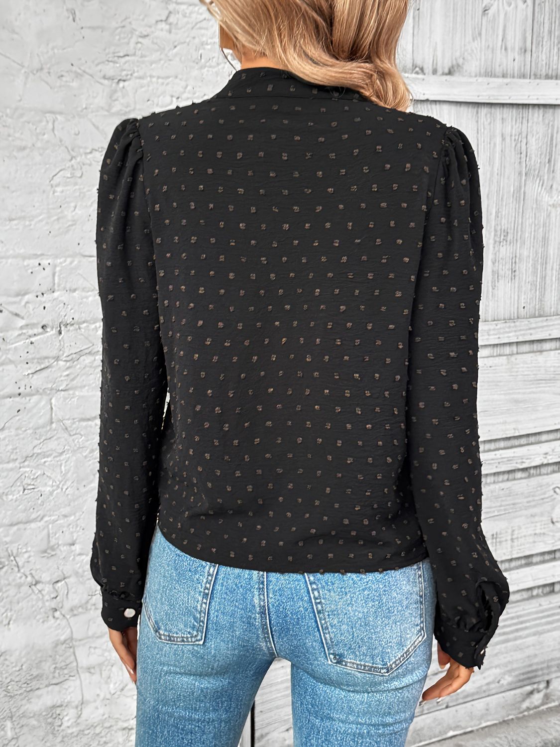 Outfit Flow - Swiss Dot Mock Neck Long Sleeve Blouse