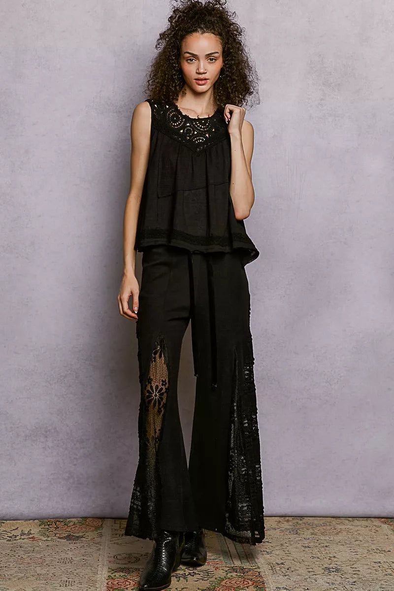 POL Round Neck Sleeveless Top with Crochet Contrast OutfitFlow