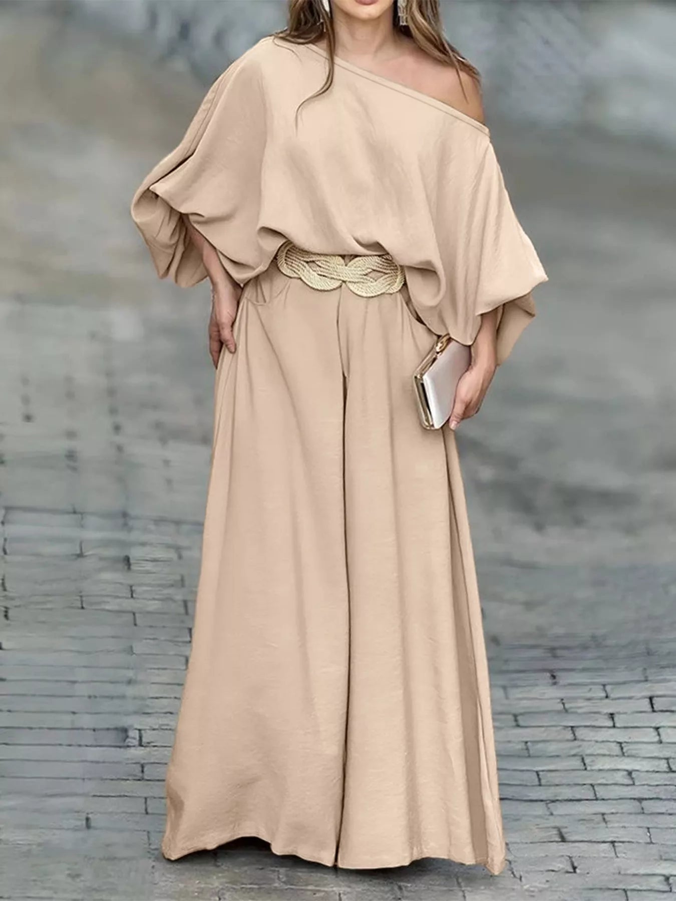 Plus Size One-Shoulder Top and Wide Leg Pants Set OutfitFlow