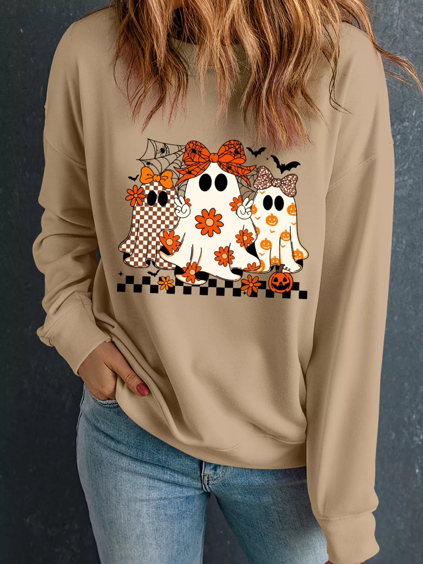 Halloween Ghost Graphic Drop Shoulder Sweatshirt OutfitFlow